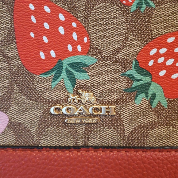 Coach Brown Signature Satchel with Red & Pink Strawberry Print Size Medium - Picture 2 of 16